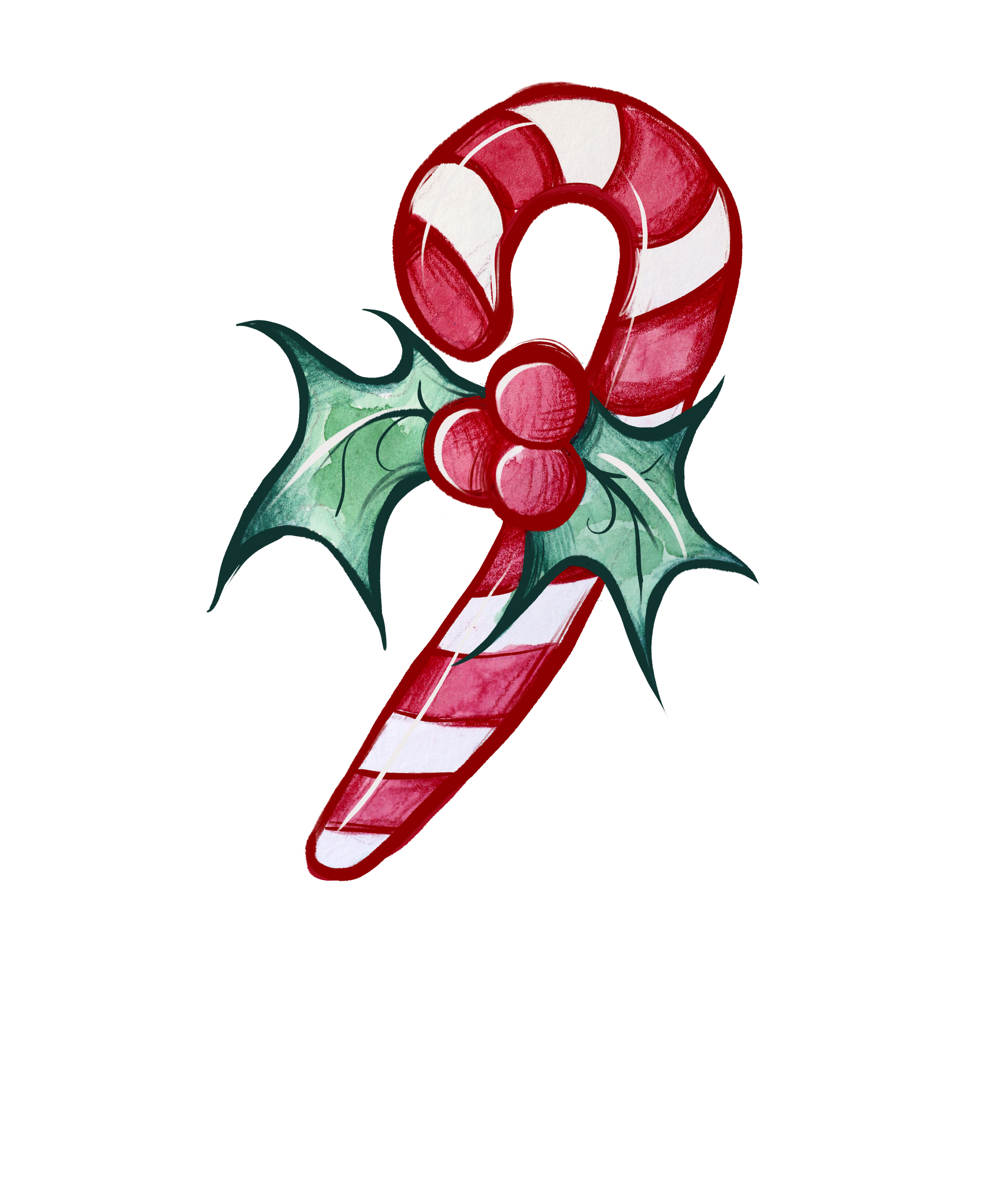 A festive Christmas candy cane with red and white stripes, decorated with holly leaves and red berries.