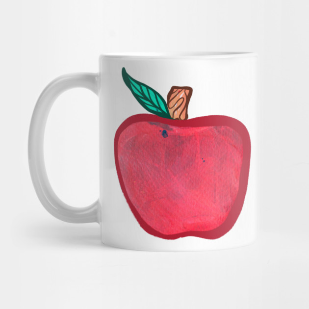 White mug with a watercolor-style red apple illustration, green leaf, and brown stem.