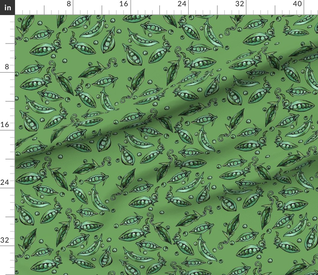 Green fabric with a pattern of black and white stylized pea pods and small dots.