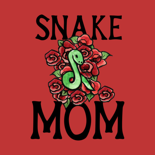 A red background with the words "Snake Mom" in black text. The words are separated with a cluster of red roses and a green snake with a smiling face in the center, intertwined with the roses.