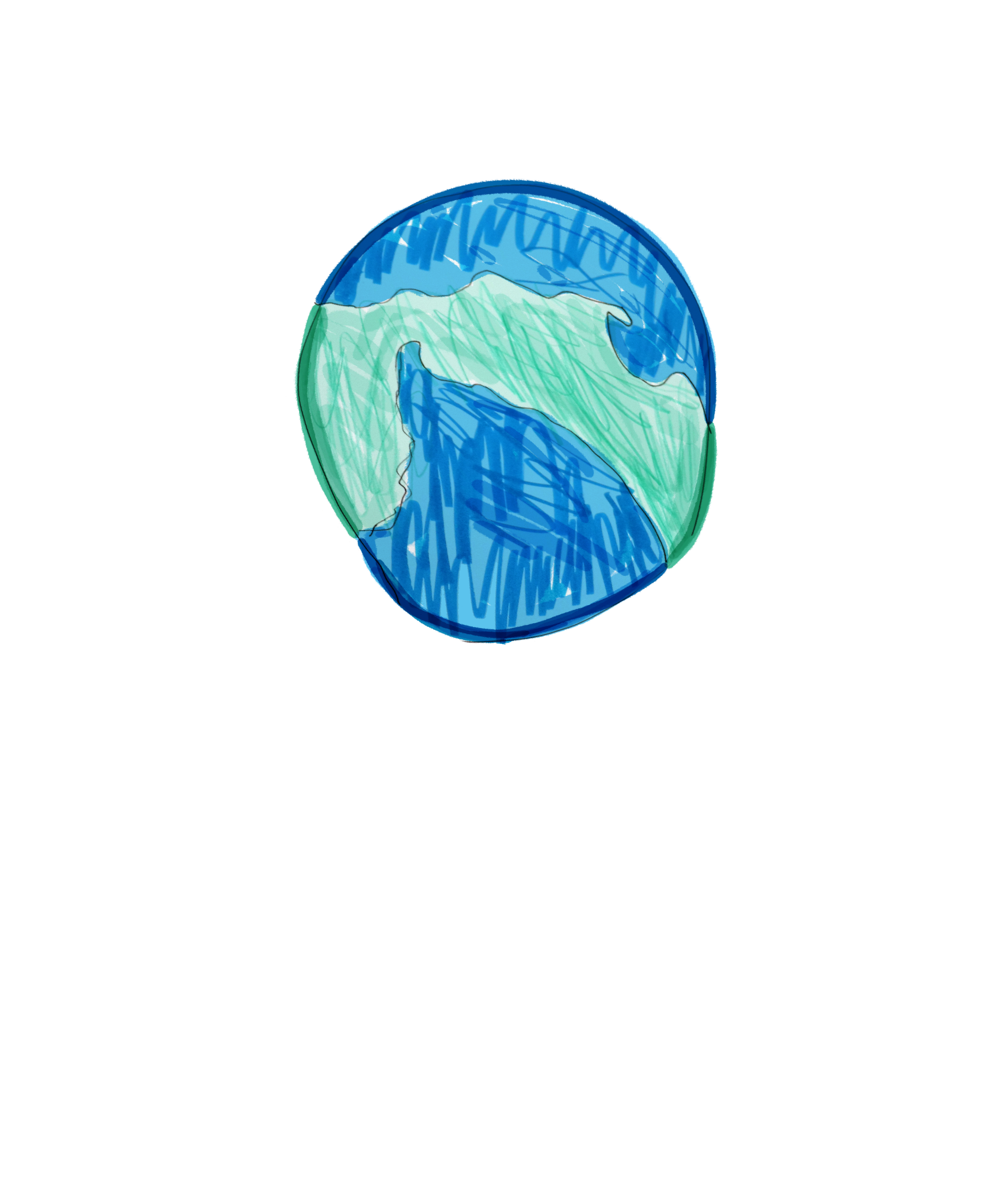 A hand-drawn illustration of a globe showing the continents of North and South America, with the Pacific Ocean on the left, colored in shades of green and blue.