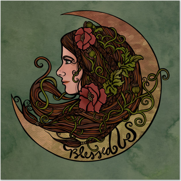 Illustration of a woman's profile with flowing hair intertwined with vines and flowers, inside a crescent moon with a green background.