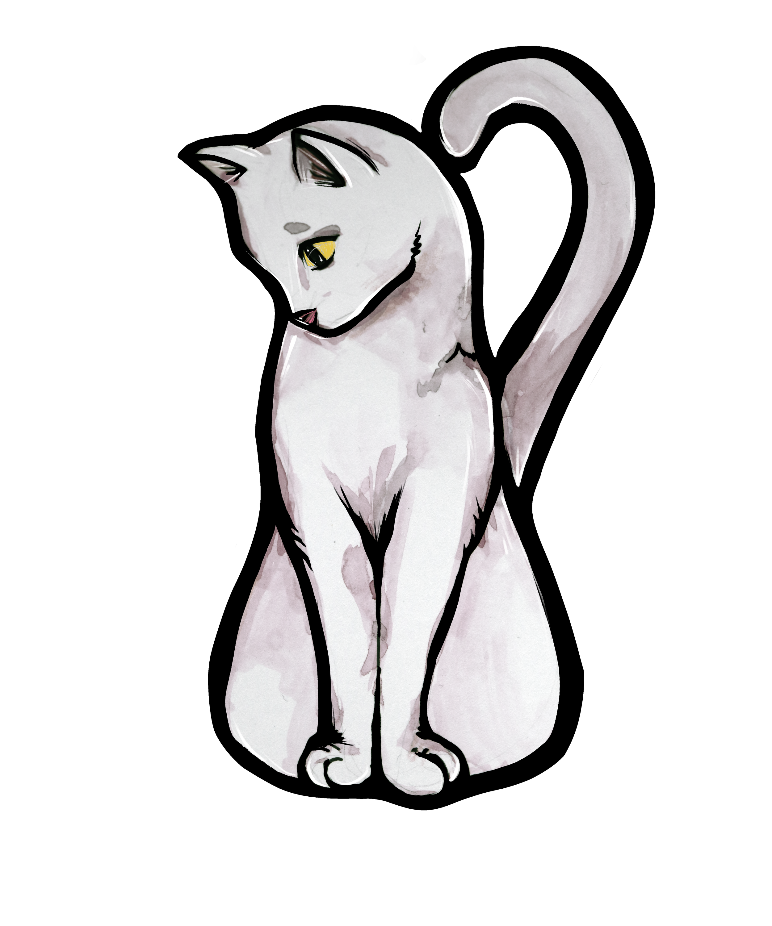 Watercolor illustration of a white cat with yellow eyes, sitting with its head tilted downward and looking to the side, against a black background.