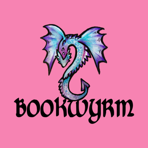 A stylized purple and blue dragon with wings, sitting above the word 'BOOKWYRM' in black gothic font, on a pink background.