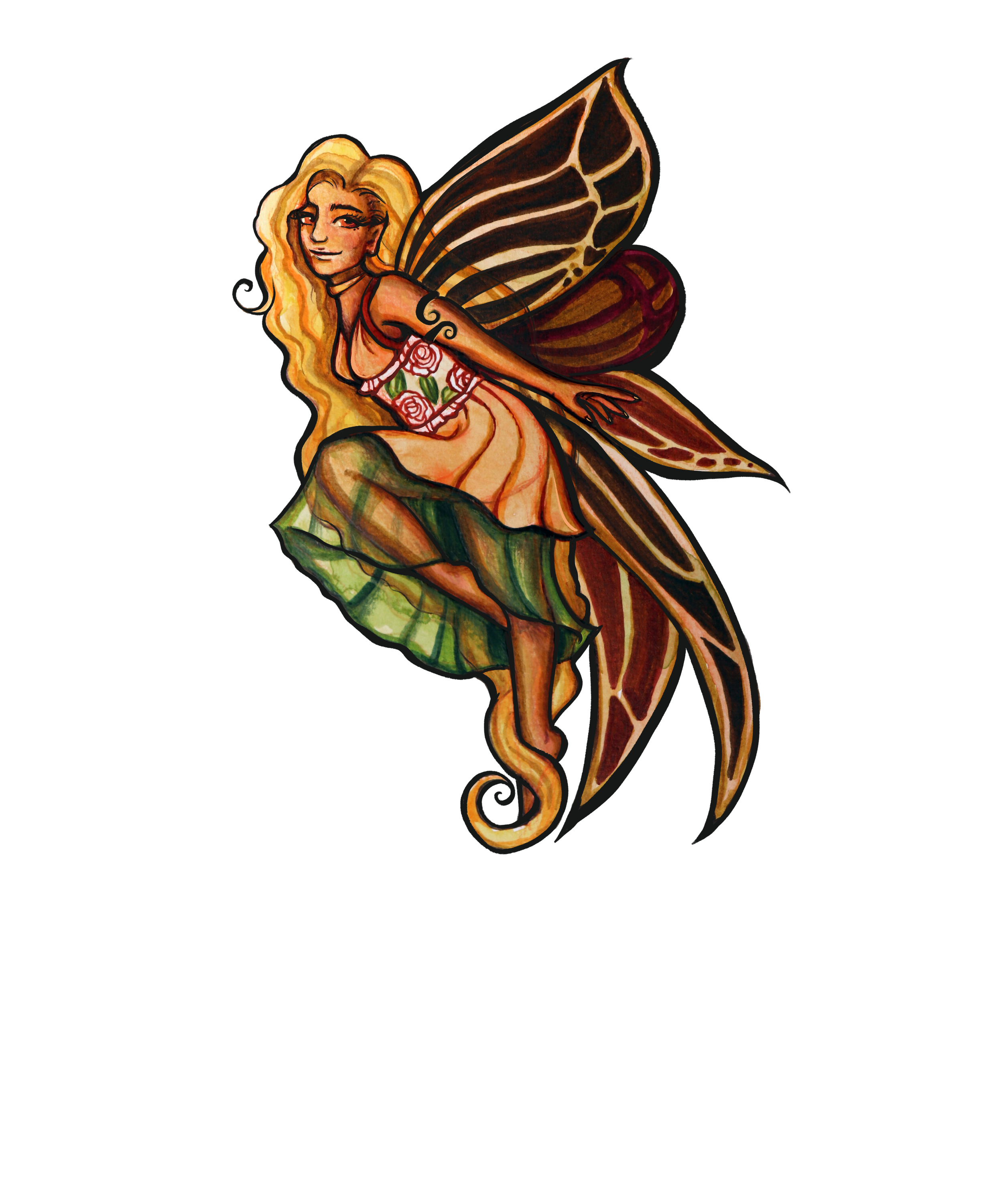 Colorful illustration of a fairy with long blonde hair and butterfly wings, wearing a flowing dress with floral patterns, sitting on a curled tail against a black background.