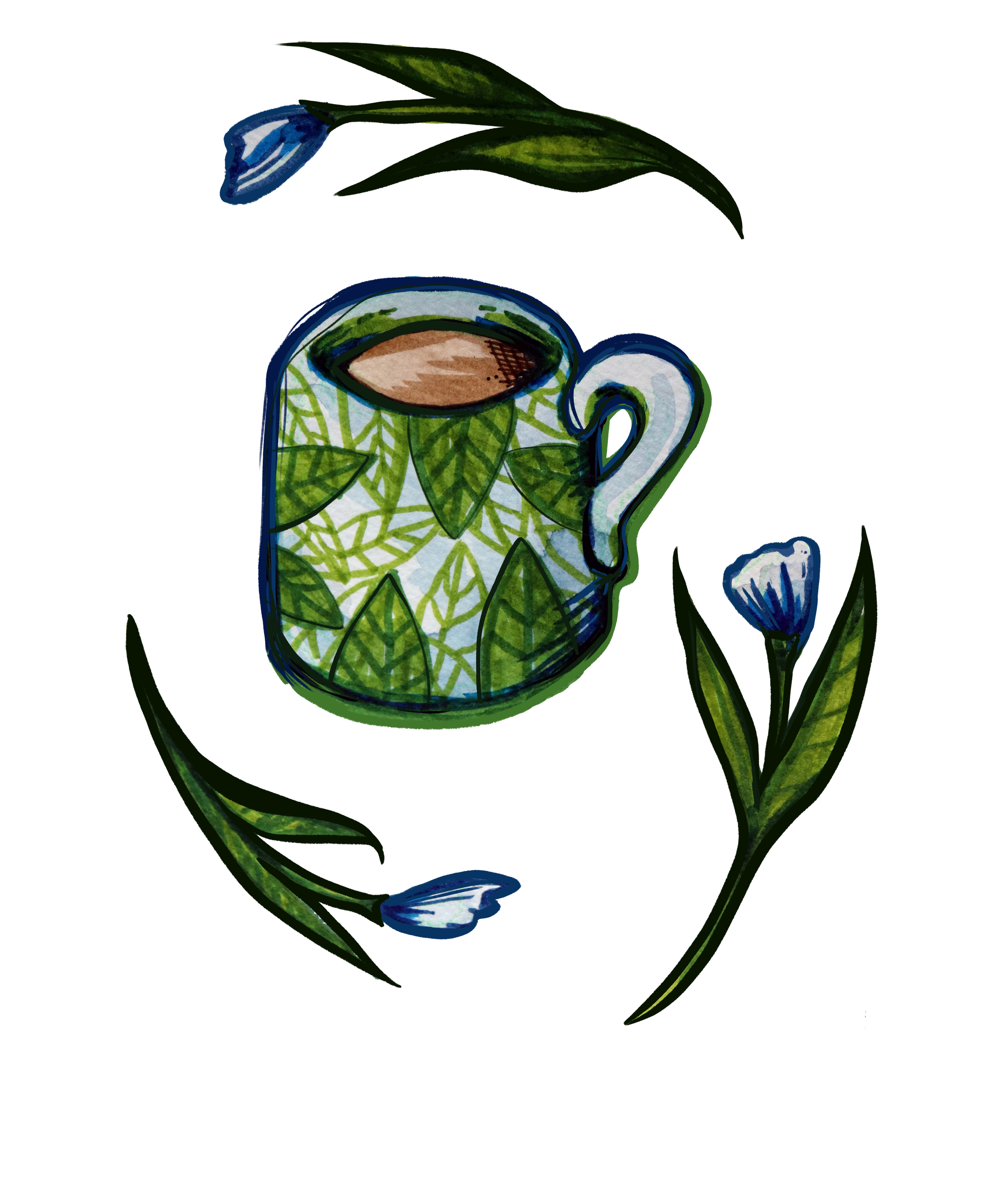 A watercolor illustration of a mug with green leafy pattern, filled with a hot beverage, surrounded by green leaves and two blue and white flowers.