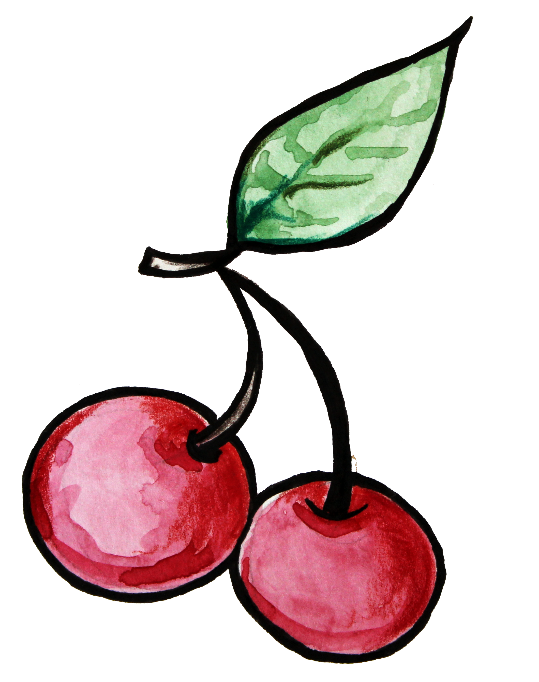 Watercolor illustration of two red cherries with green leaves and black outlines.