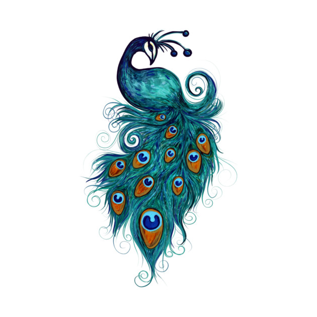 Stylized illustration of a peacock with detailed blue and green feathers, and eye-like patterns on its tail.