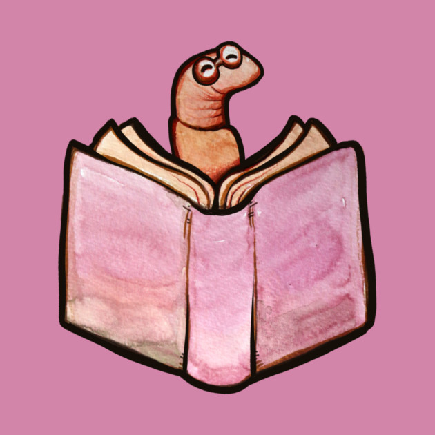 A drawing of a worm with glasses emerging from an open pink book against a pink background.
