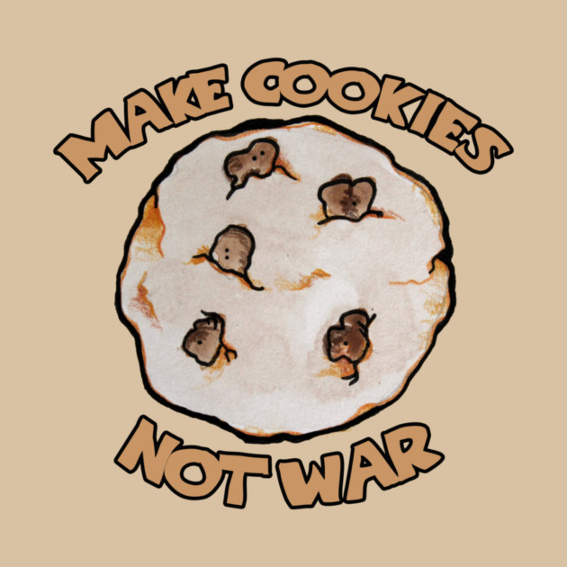 Illustration of a cookie with five small mouse shapes inside, surrounded by the words "Make Cookies Not War" in a playful font.
