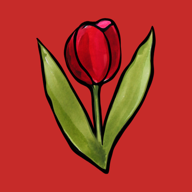 A red tulip with green leaves on a red background.
