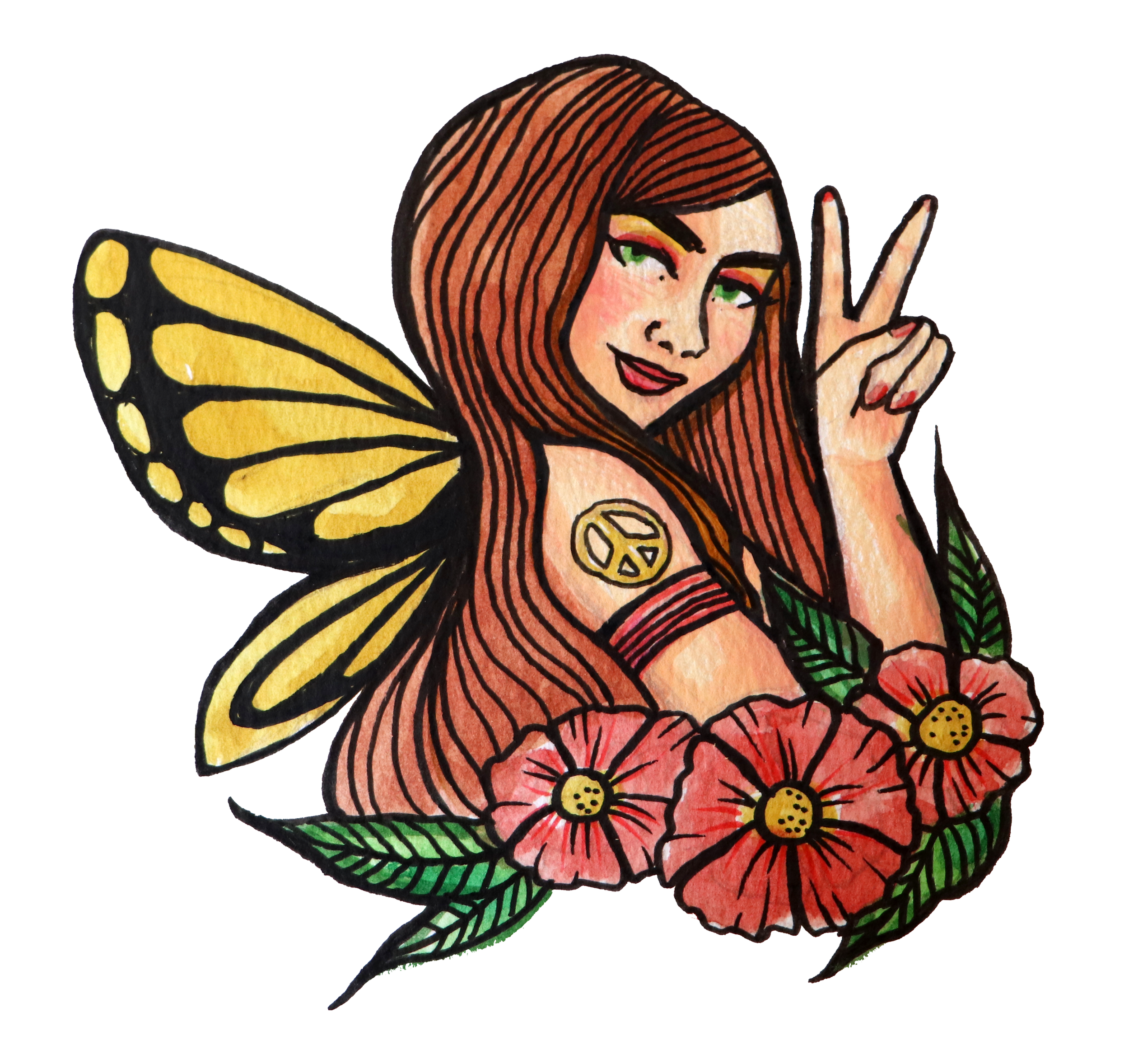 Hand-drawn illustration of a woman with long, wavy red hair, green eyes, and floral tattoos on her chest, raising her hand with a peace sign, and wearing butterfly wings.