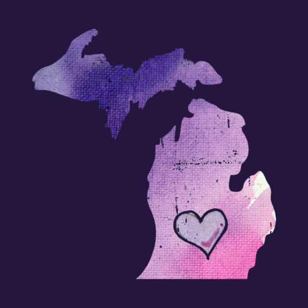 Illustration of a Michigan map with a heart symbol, showing a purple gradient and textured background.