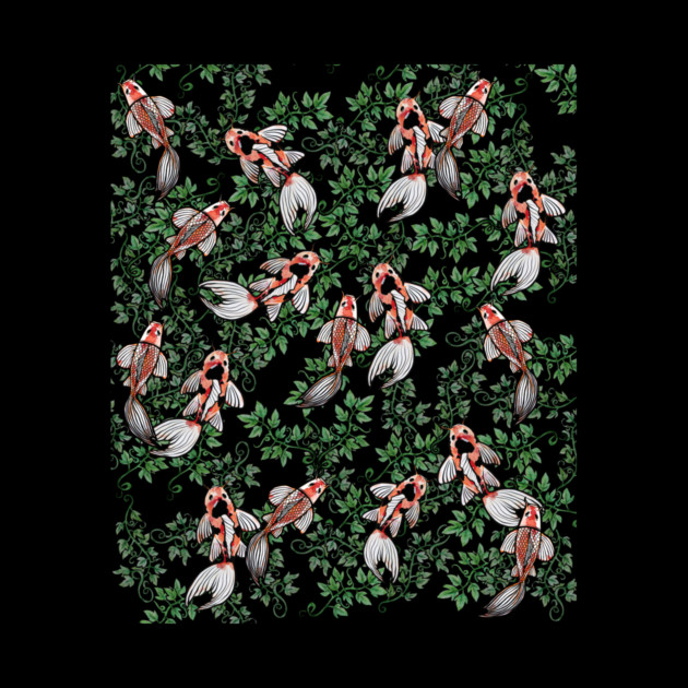 Pattern of koi fish swimming among green leafy plants on black background.