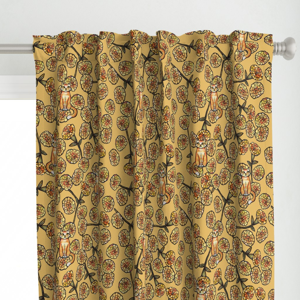 Yellow curtains with a pattern of cartoon-style foxes sitting among orange and yellow flowers connected by black branches.