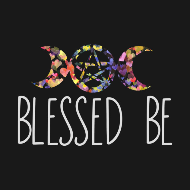 The image features the word 'Joy' with the 'O' replaced by a pentagram, all decorated with colorful heart patterns, above the phrase 'Blessed Be' on a black background.