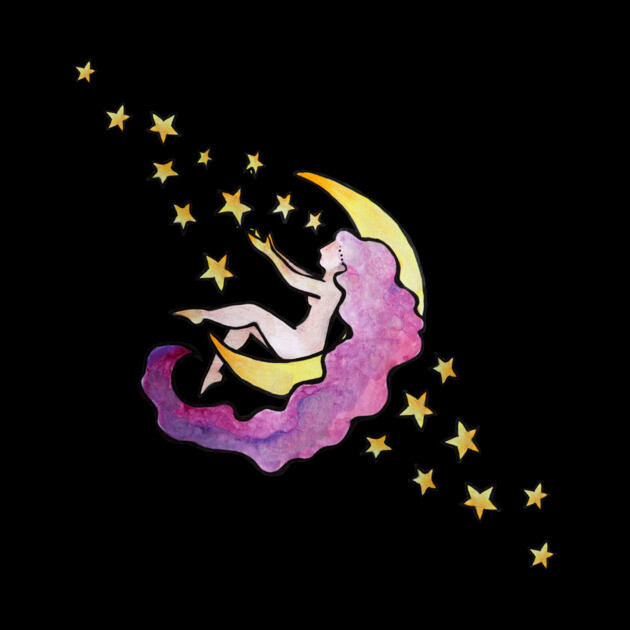A watercolor illustration of a girl with pink and purple hair sitting on a yellow crescent moon, surrounded by stars against a black background.