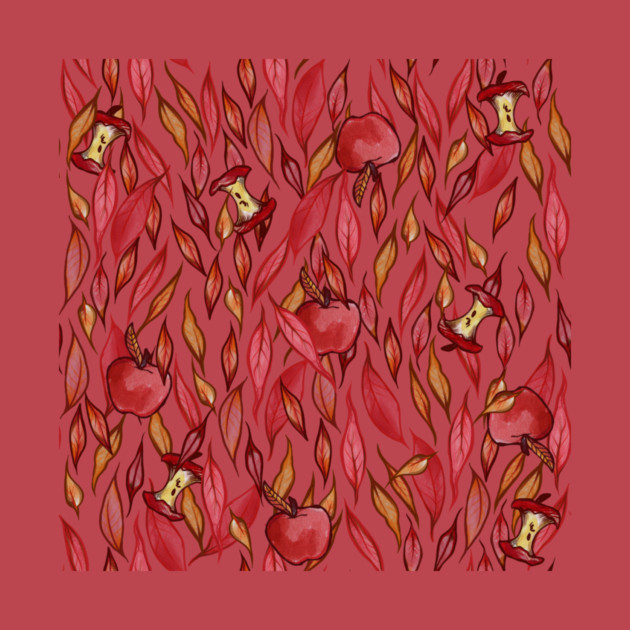A pattern featuring apples and apple cores with leaves, surrounded by pink and brown leaves on a pink background.