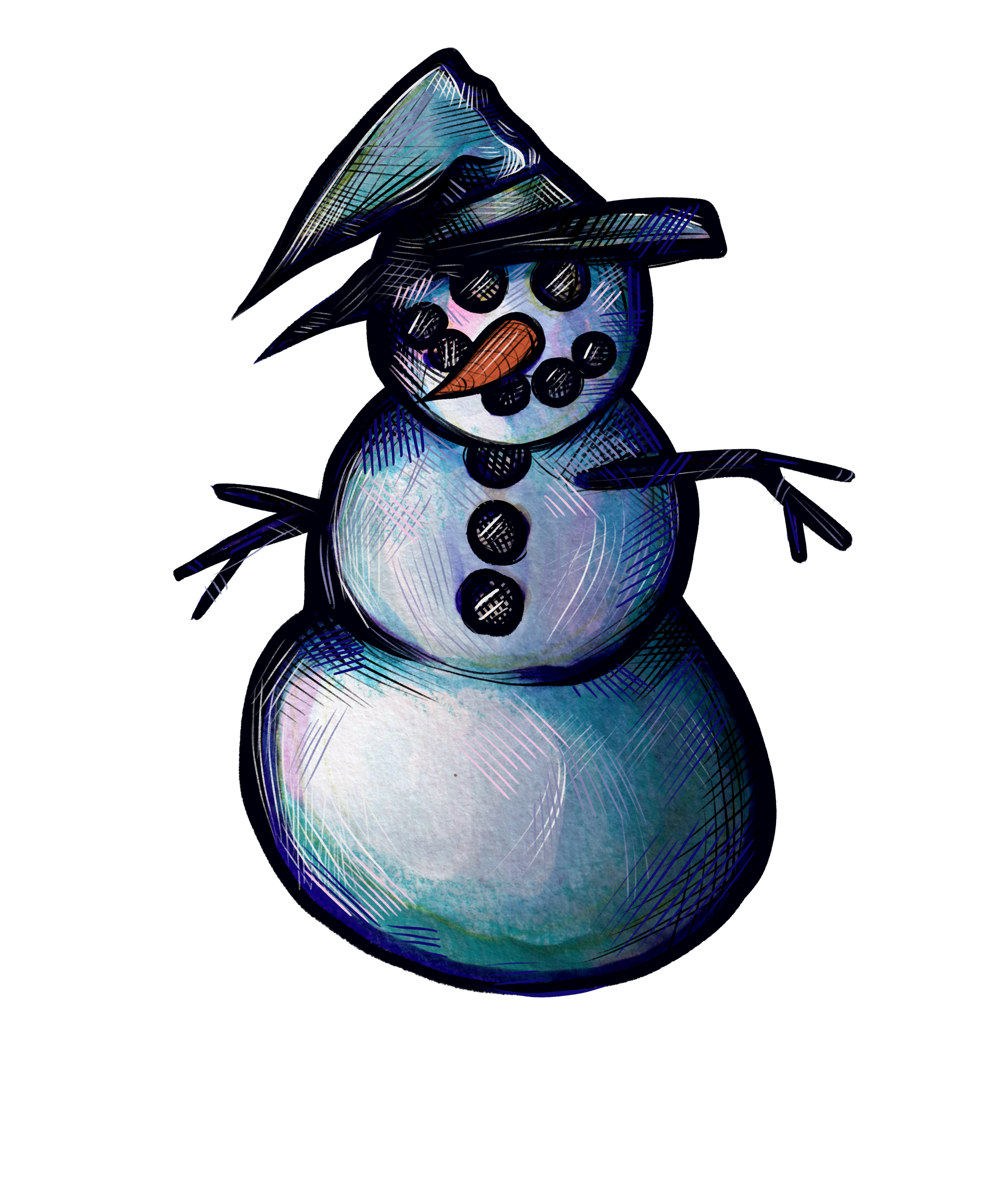 A colorful drawing of a snowman with a hat, carrot nose, and black buttons, set against a black background.