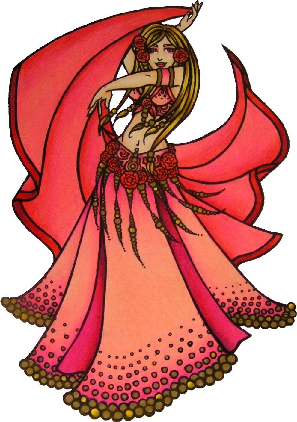 Illustration of a belly dancing woman dressed in a pink and red dance costume with floral details, performing a dance with arms raised and a large flowing skirt.