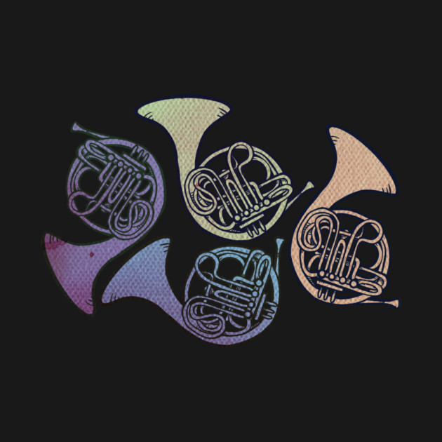 Colorful illustration of five French horns arranged in a circular pattern on a black background.