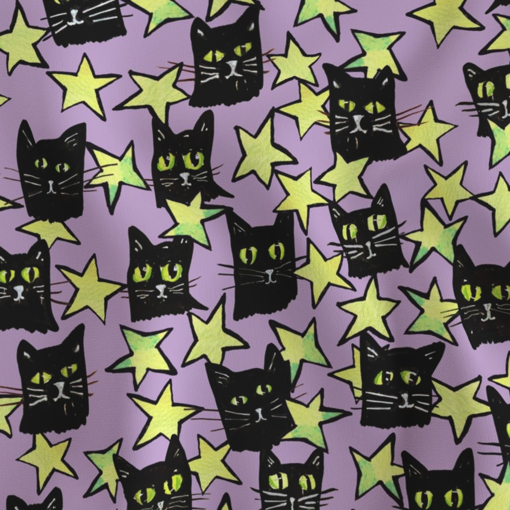 Pattern featuring black cat faces with green eyes and yellow stars on a purple background.