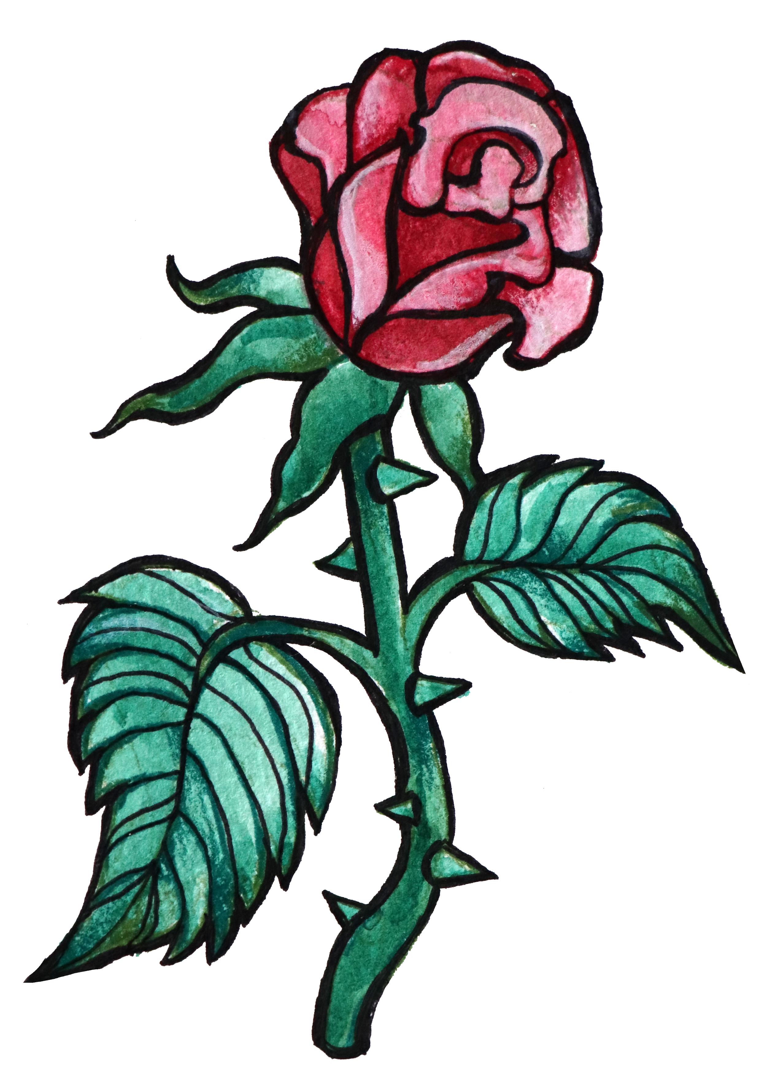 A hand-drawn, colored illustration of a pink and red rose with green leaves on a black background.