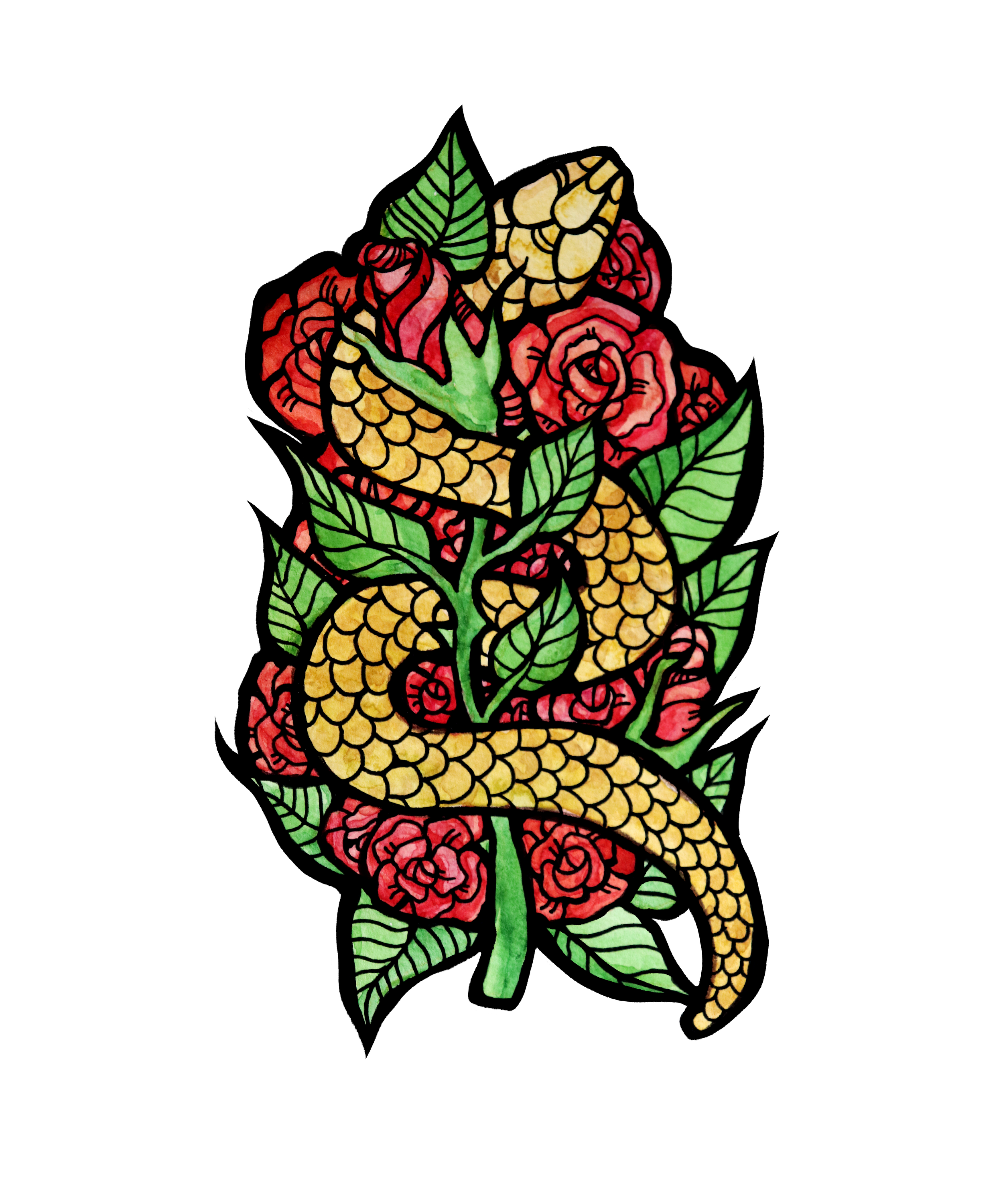 Watercolor painting of a snake intertwined with red roses and green leaves on a black background.