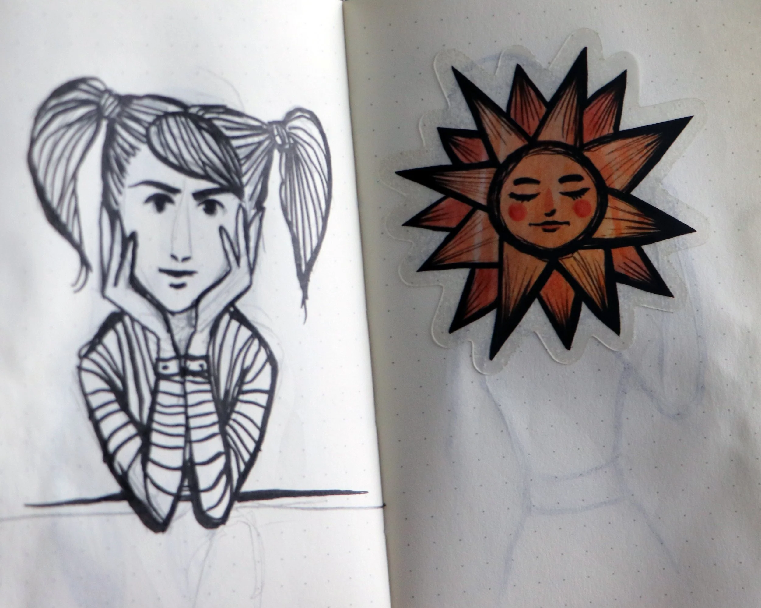 A black and white sketch of a girl with pigtails and striped shirt on the left side of the image, and a colorful sticker of a smiling sun with a face and closed eyes on the right side.