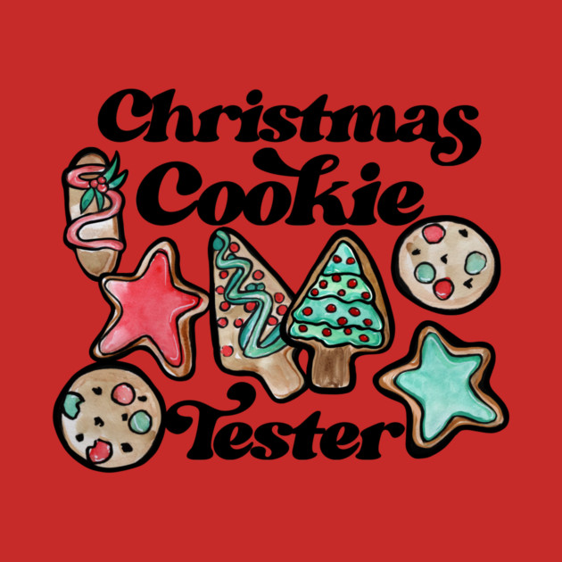Red background with Christmas-themed cookies shaped like stars, trees, and circles, decorated with colorful icing and sprinkles. Text reads "Christmas Cookie Tester" in bold black letters.