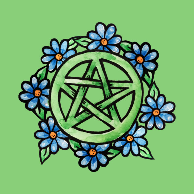 A pentagram symbol surrounded by blue flowers with orange centers on a green background.