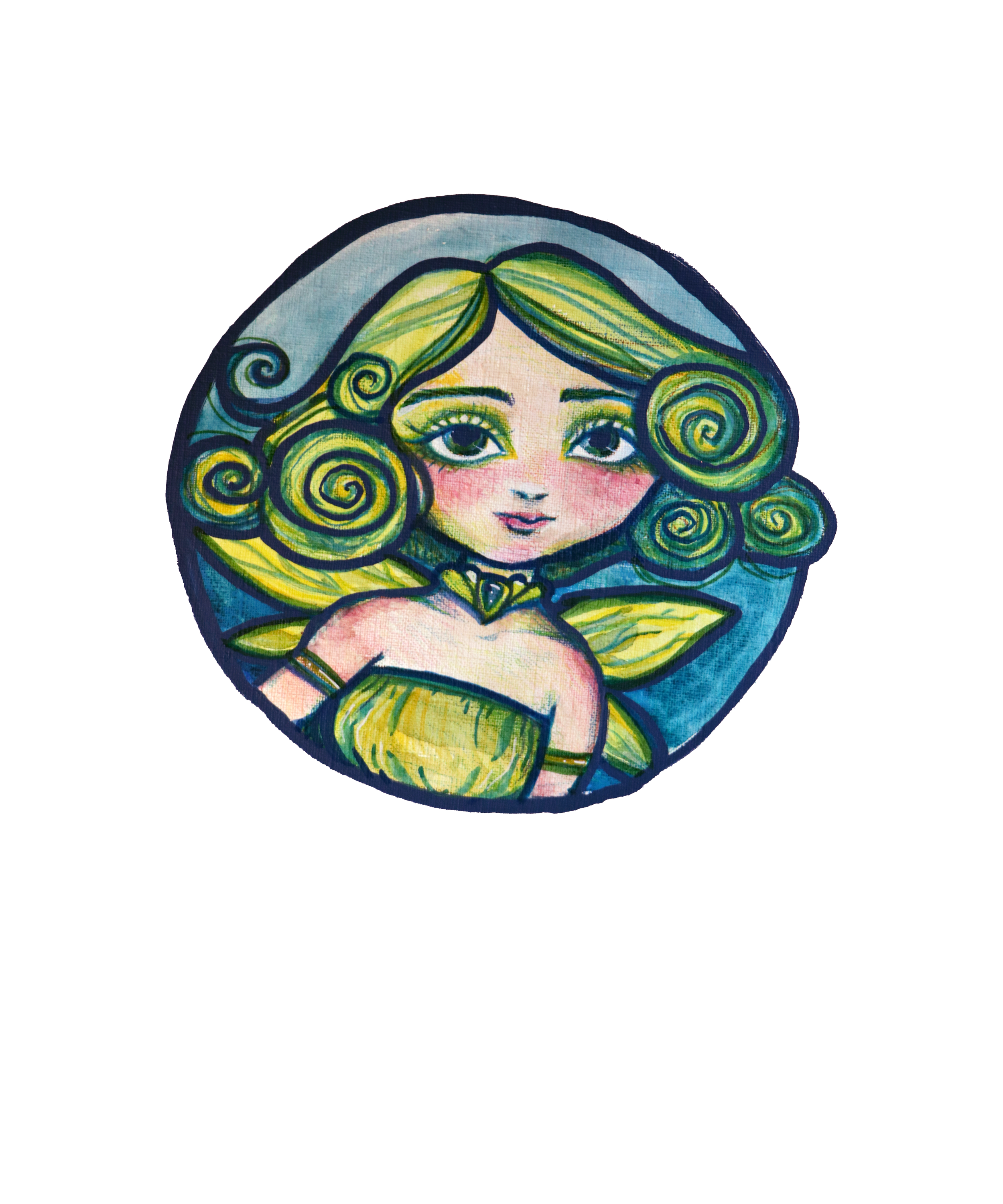 Colorful illustration of a fairy with green and yellow spiraled hair, large green eyes, pink blush on cheeks, wearing a green dress with matching gloves and a green heart-shaped necklace.