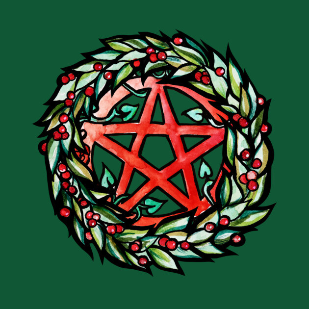 A circular wreath of green leaves with red berries surrounds a red pentagram at the center on a dark green background.