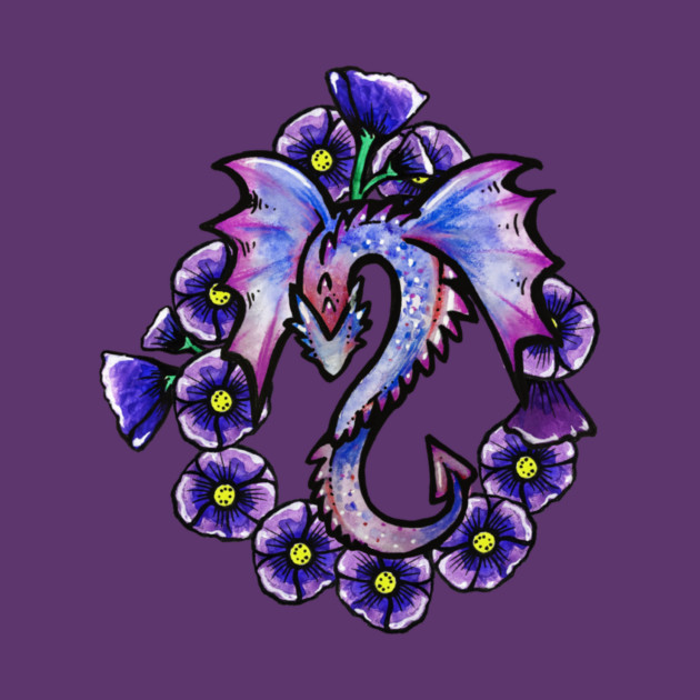 A colorful illustration of a dragon surrounded by purple flowers on a purple background.