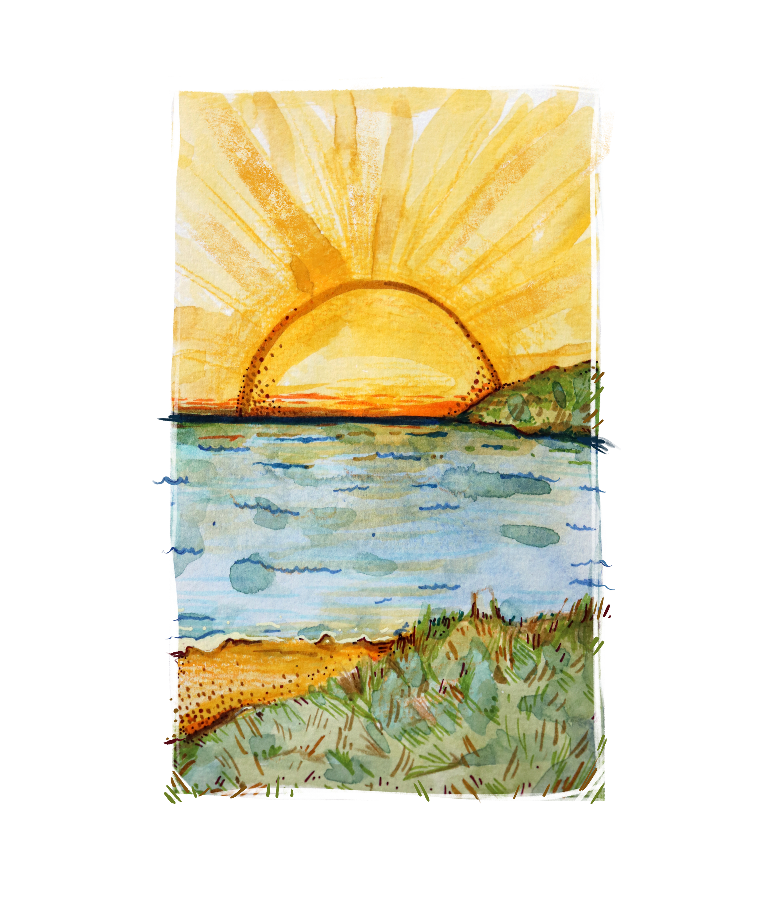 Watercolor painting of a sunrise over a body of water with a green hill and a beach in the foreground.