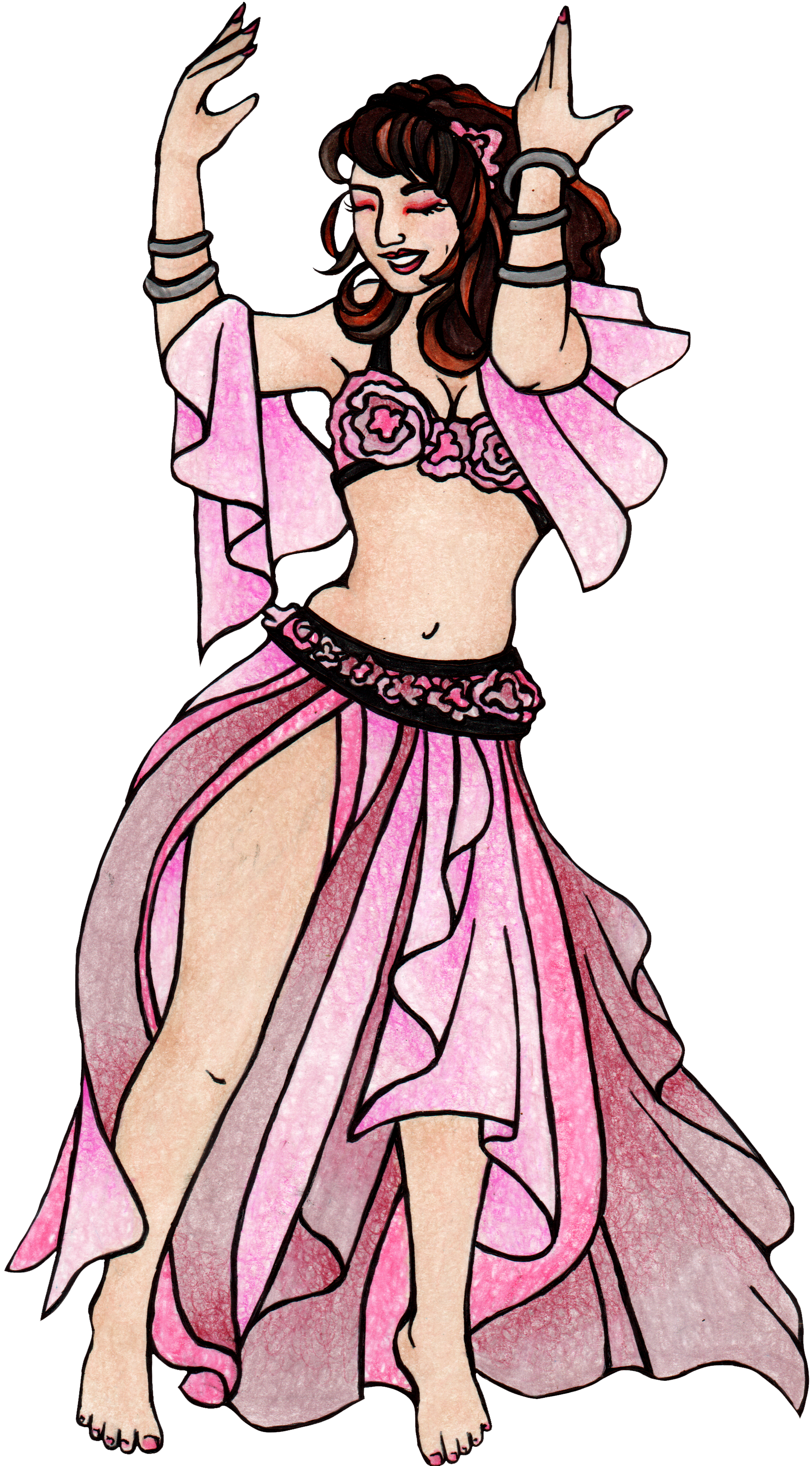 A woman wearing a pink and purple belly dancing costume, including a bra top with floral embellishments and a flowing skirt, smiling and posing with arms raised.
