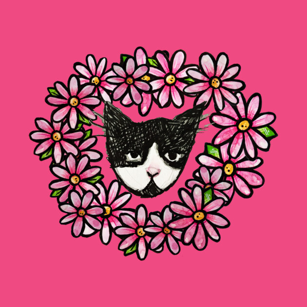A drawing of a black and white cat's face surrounded by a ring of pink daisies with green leaves, set against a pink background.