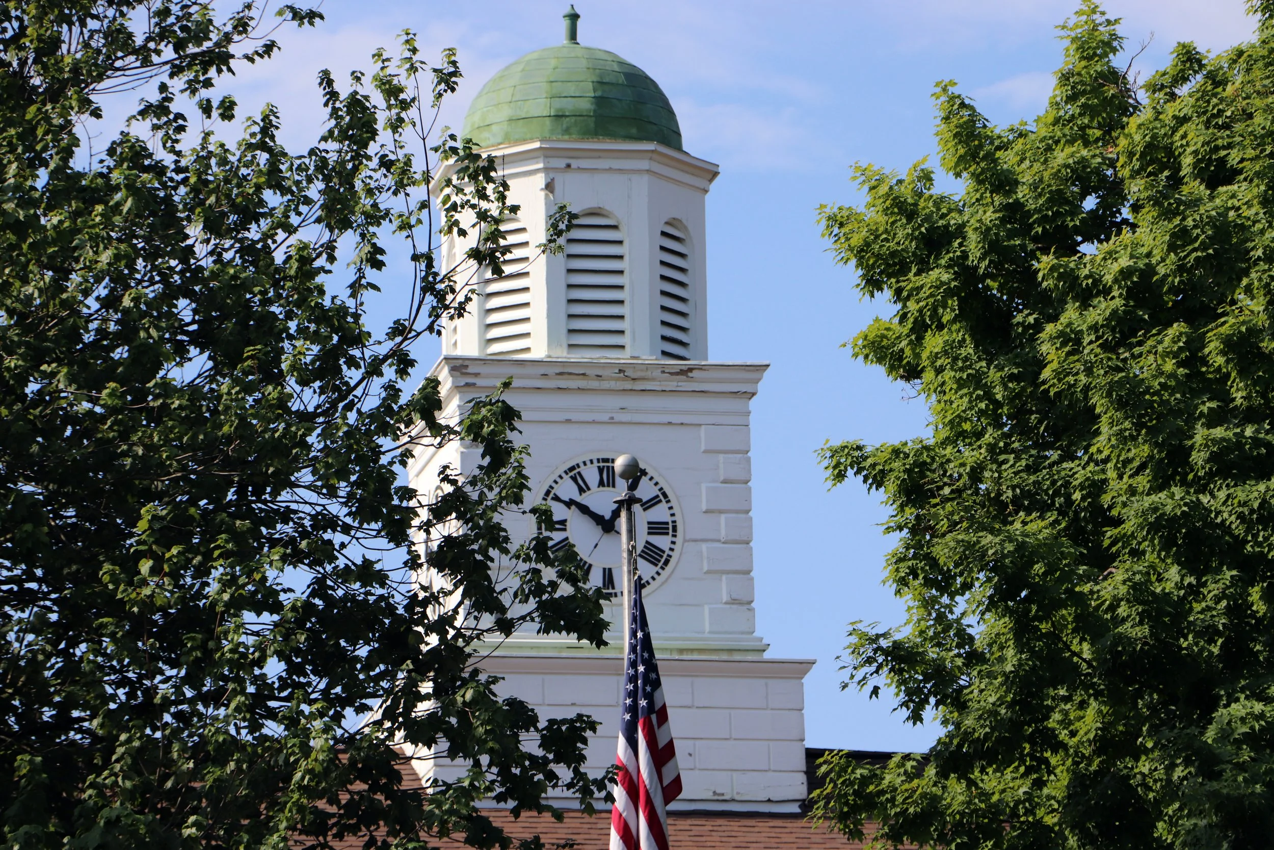 A white clock tower with a green domed roof, partially obscured by green trees, with a blue sky in the background.