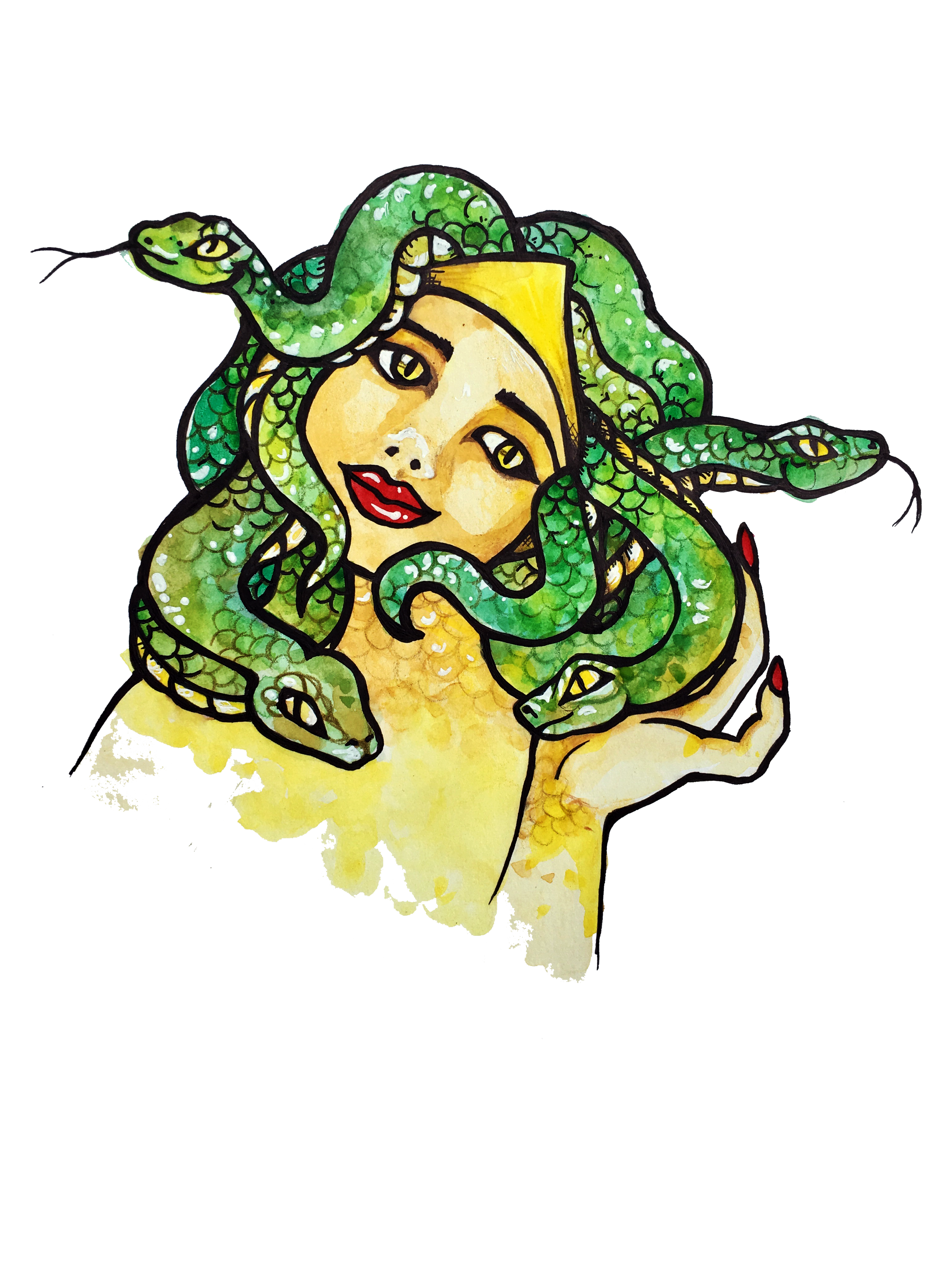 Watercolor illustration of a woman with yellow hair and red lipstick, intertwined with green snakes.