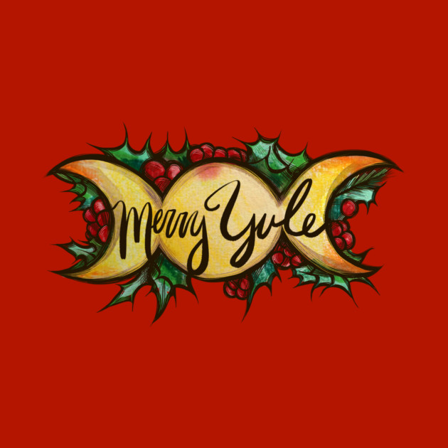 Holiday greeting card with a gold candy with holly leaves and red berries, and the text 'Merry Yule' in black script on a red background.