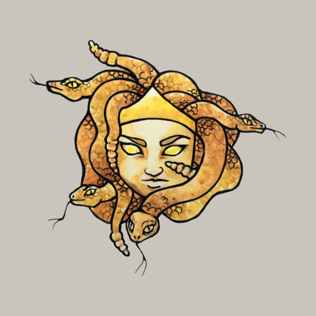 Illustration of Medusa with snakes as hair and a determined facial expression.