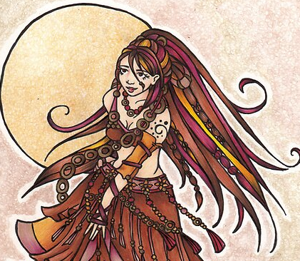 Fantasy illustration of a female character with long, flowing hair, wearing a tribal-inspired outfit with jewelry, set against a circular background.