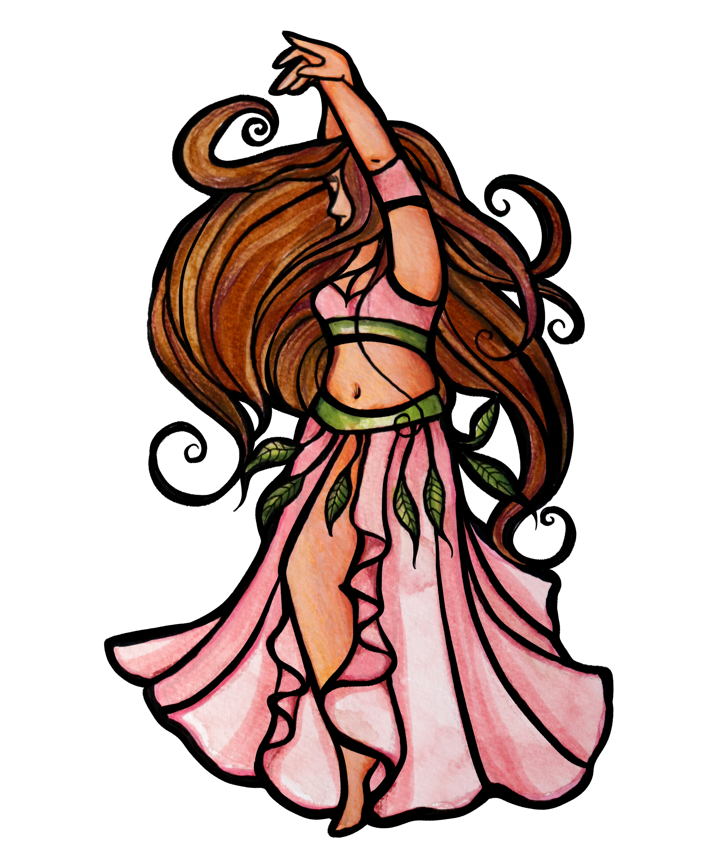 Illustration of a woman with long flowing hair, wearing a pink dress with green accents, dancing against a black background.