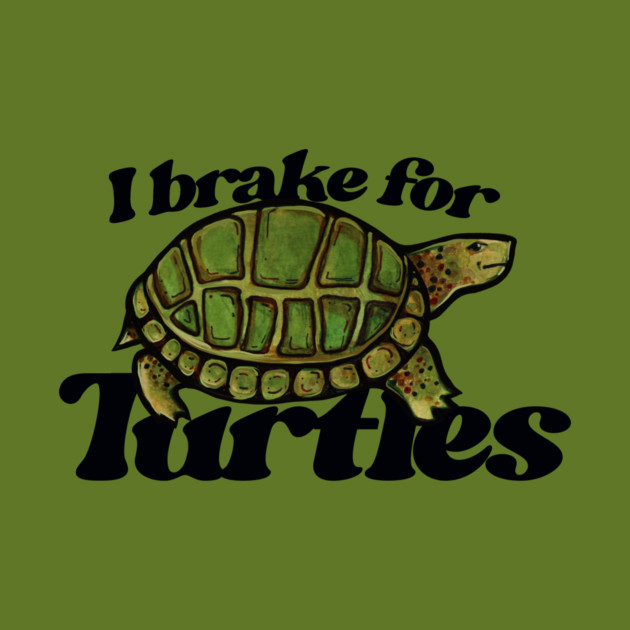 Green background with a cartoon turtle and the text "I brake for Turtles" in black letters.