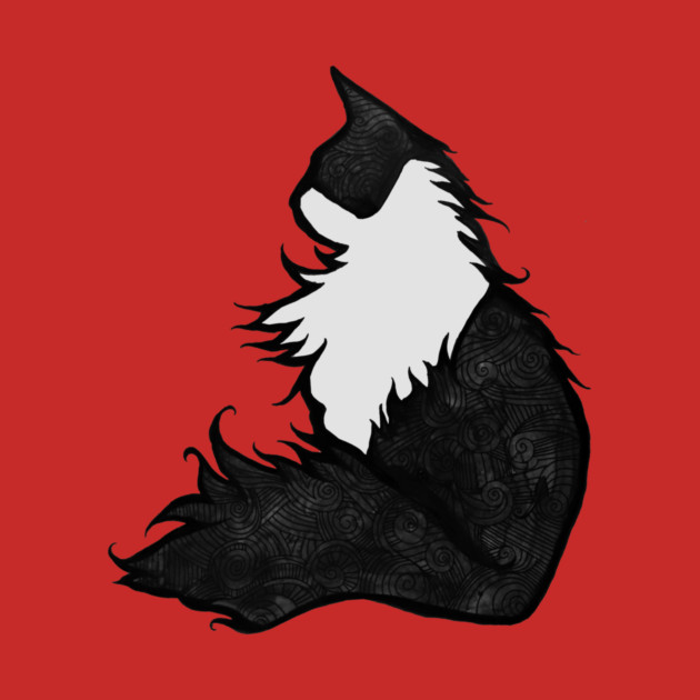 Stylized black and white tuxedo cat with flowing fur, set against a red background.