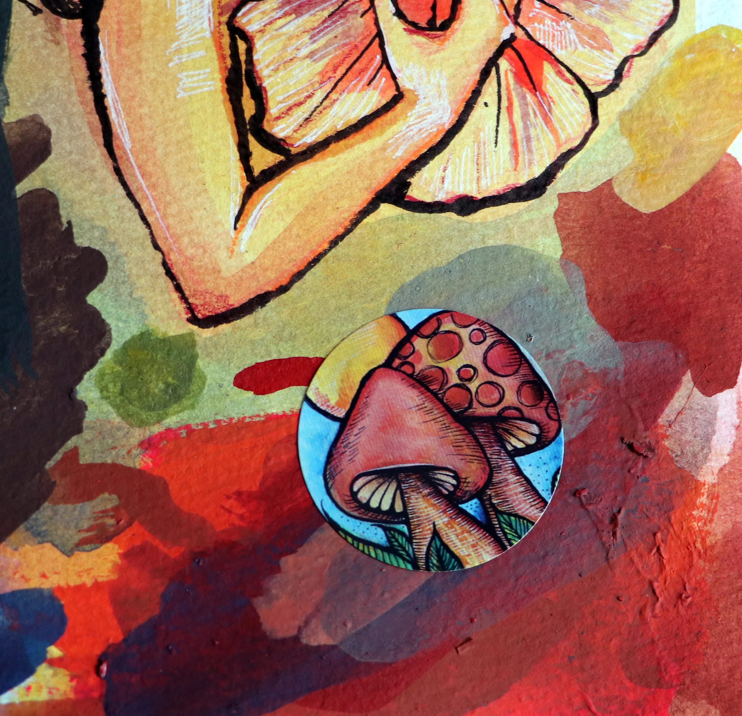 Colorful illustration of mushrooms on a vibrant, abstract background.