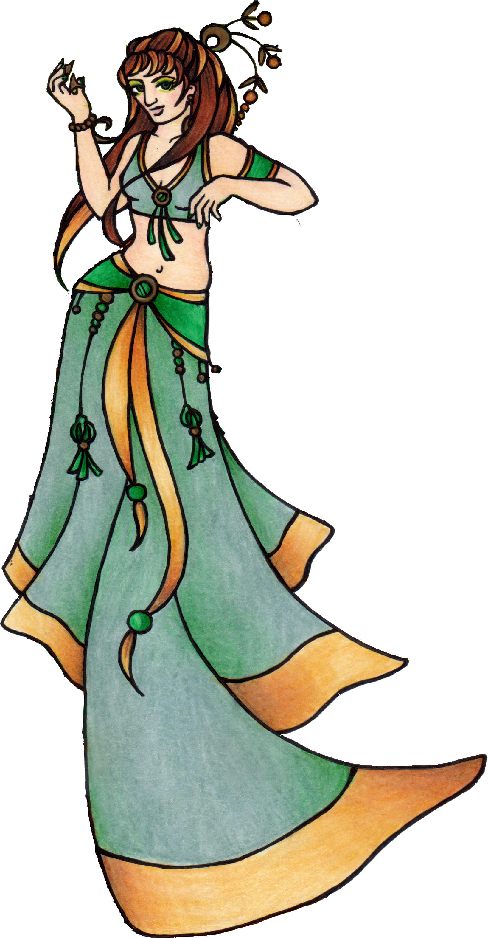 A watercolor illustration of a woman in a flowing green and orange dress with jewelry, holding her hand up in a pose.