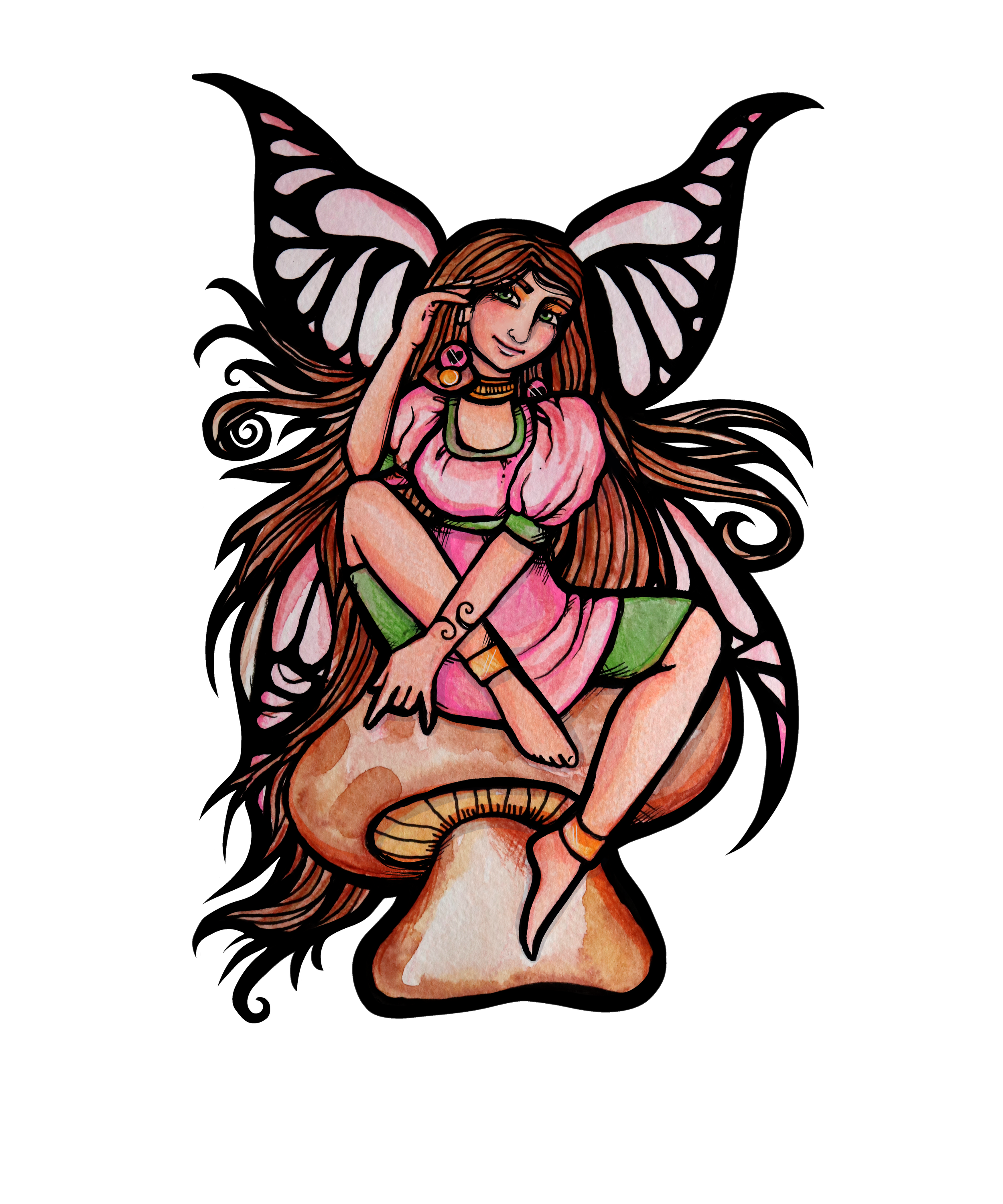 Watercolor illustration of a fairy with butterfly wings, sitting on a mushroom. She has long brown hair, green eyes, pink and green outfit, and is touching her temple with one finger.