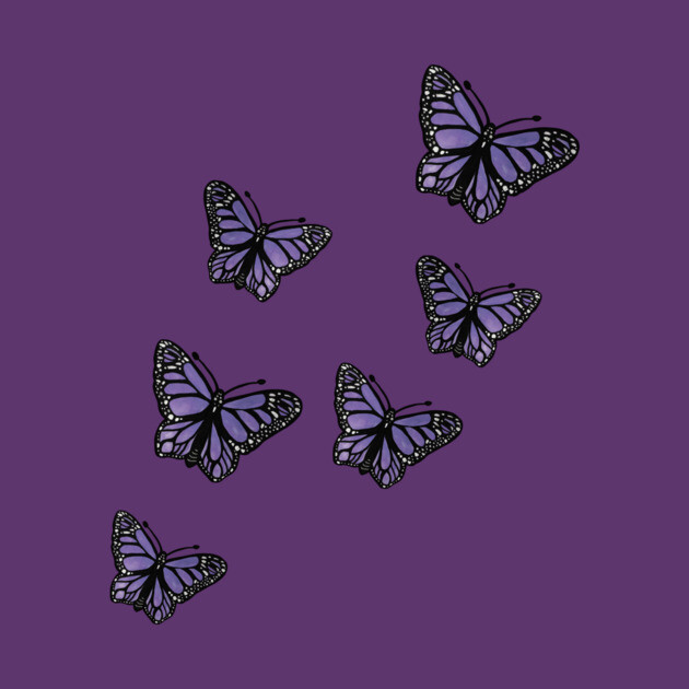Seven purple butterflies with black and white details flying against a purple background.