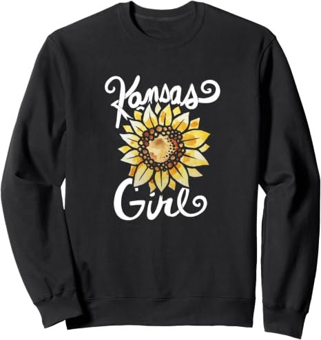 Black sweatshirt with a sunflower graphic and the text 'Kansas Girl' in white script.